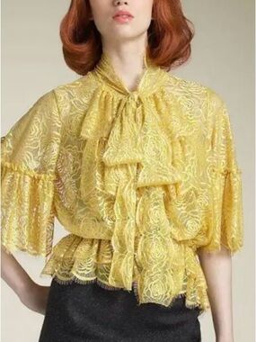 Robert Rodriguez Yellow Lace Ruffle Tie-Neck Blouse
